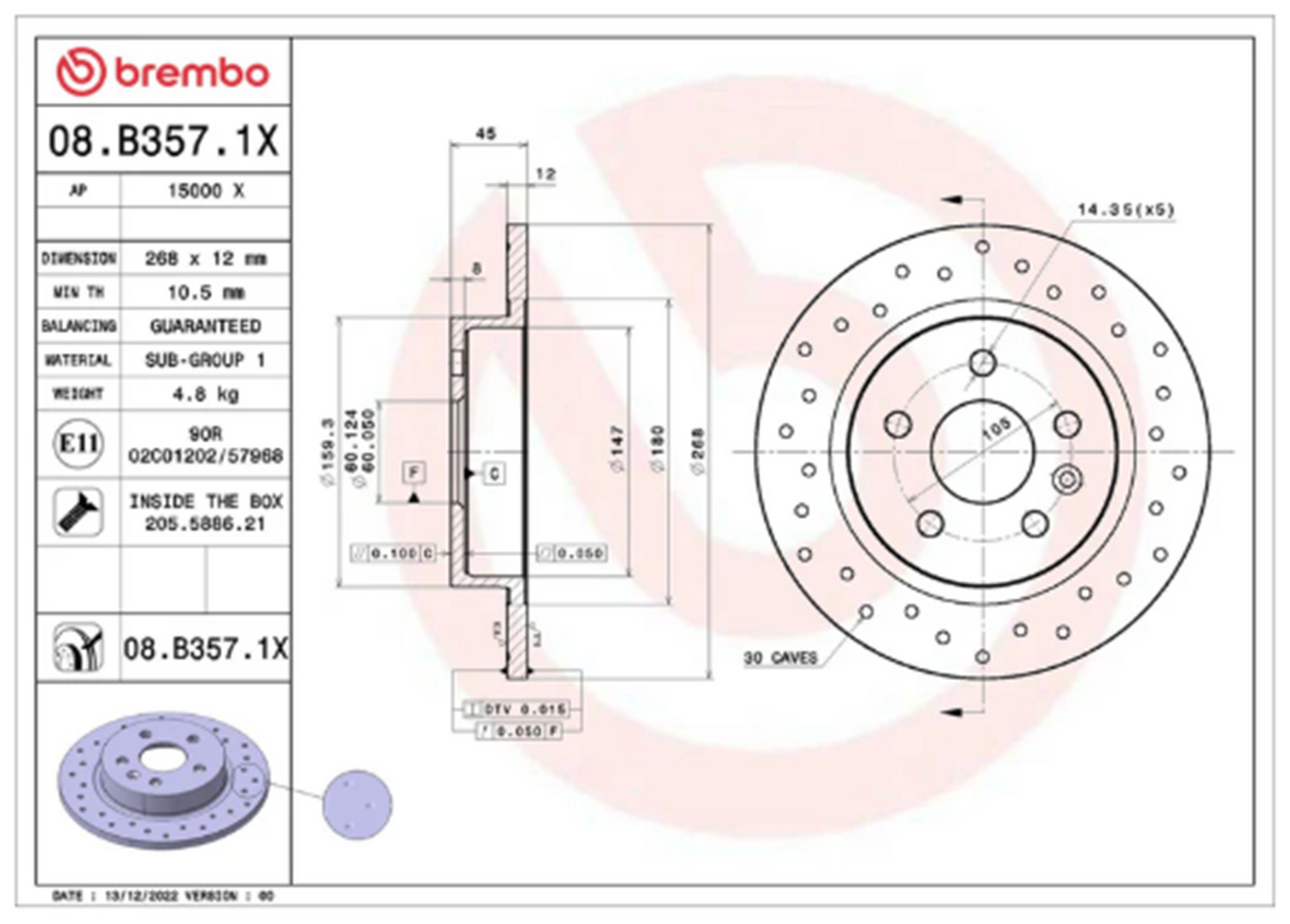 Brembo 08.B357.1X: XTRA Drilled Rear Disc Brake Rotor (FITS: 2015 Chevrolet Cruze & 2017 Buick Enclave)