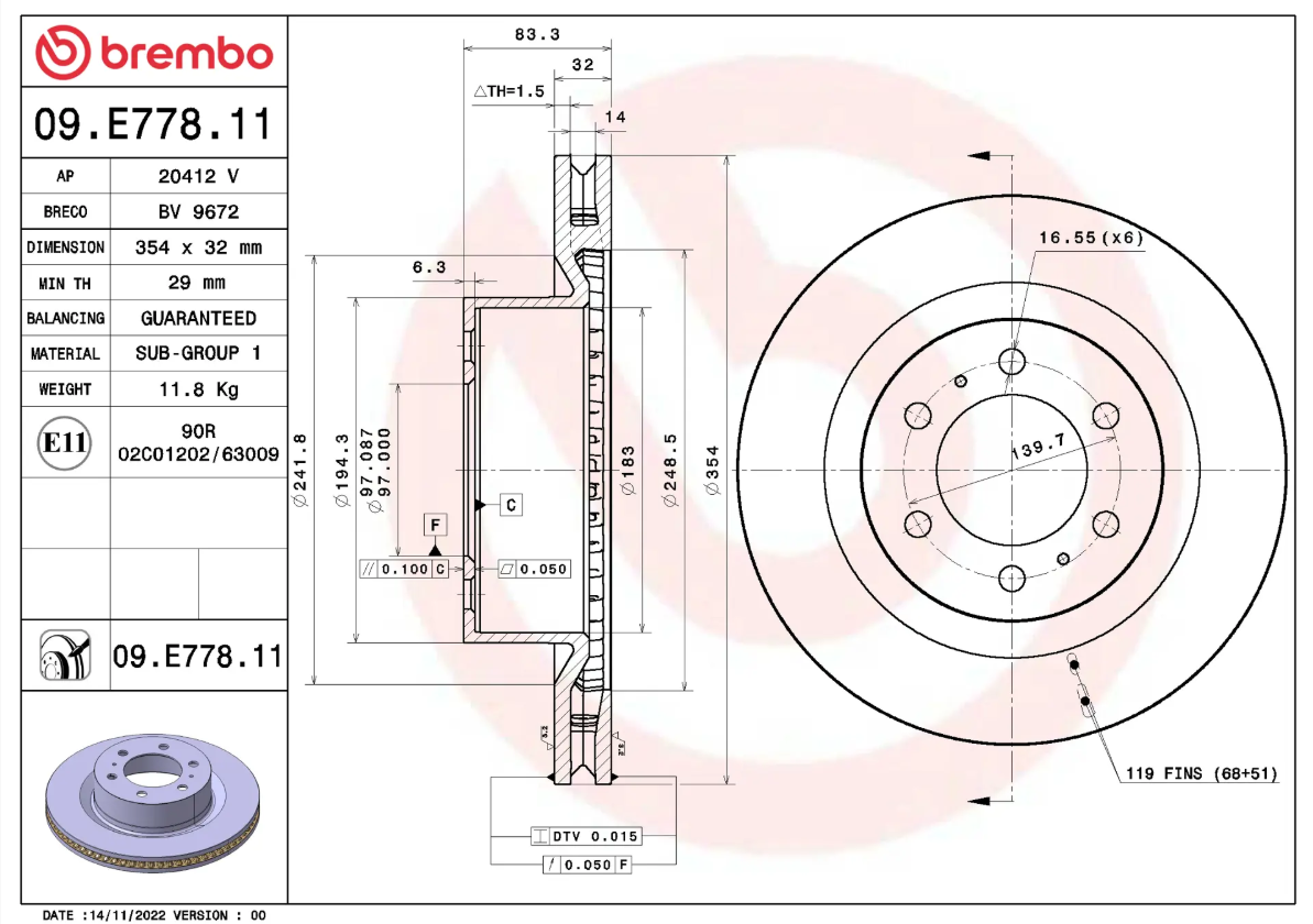 Brembo 09.E778.11: PRIME UV Coated Front Brake Disc Rotor (FITS: 2022 - 2024 Lexus LX600)