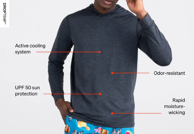 SAXX SXLH45-SLH-S DropTemp Printed All Day Cooling Hoodie -SIZE: Small, Sea Level Heather