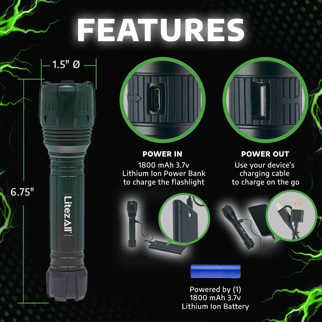 LitezAll 24945 Nearly Invincible 1000 Lumen Rechargeable Tactical Flashlight