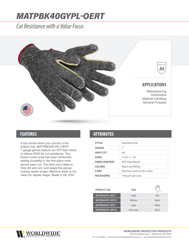 WPP MATPBK40GYPL-L 7ga Seamless Knit ATA/Cotton Blend Heavy Weight Gloves -Large, Gray