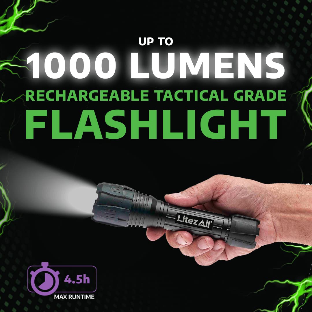 LitezAll 24945 Nearly Invincible 1000 Lumen Rechargeable Tactical Flashlight