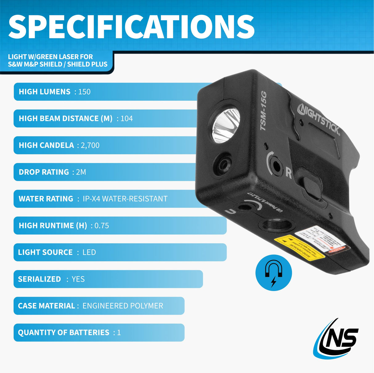 Bayco TSM-15G Rechargeable Sub-Compact Weapon-Mounted Light w/ Green Laser - Fits Smith & Wesson M&P Shield