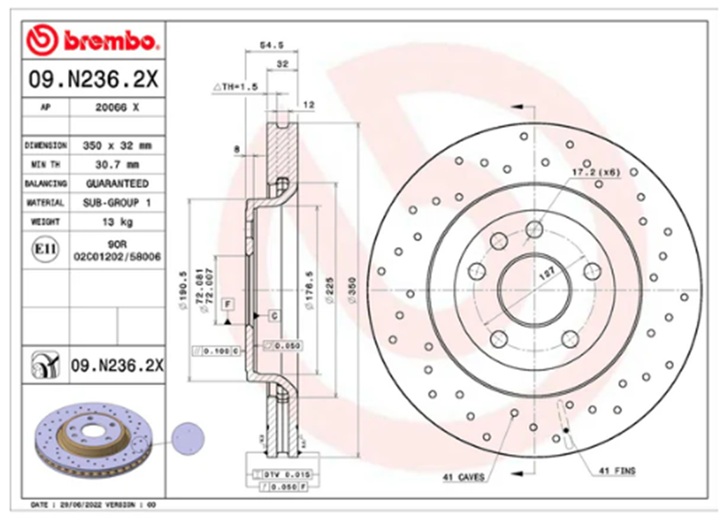 Brembo 09.N236.2X: XTRA Drilled Front Disc Brake Rotor (FITS: 2020 Dodge Durango & 2014 Jeep Grand Cherokee)