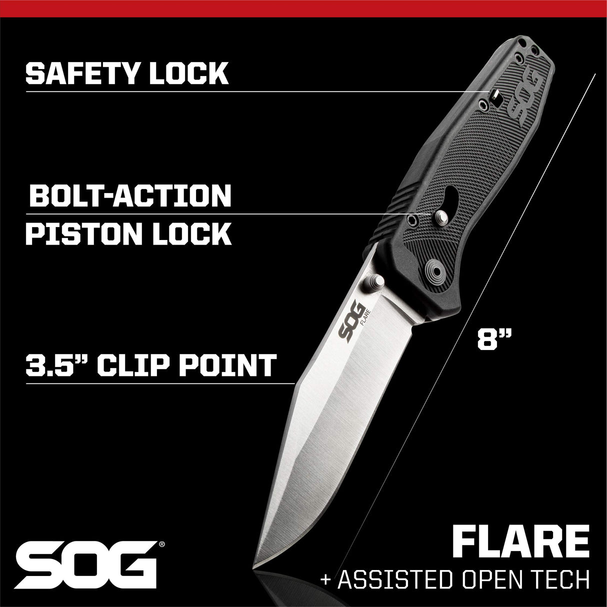 SOG Specialty Knives FLA1001-CP Flare Folding Pocket Knife w/3.5" Stainless Straight Edge Blade -Black
