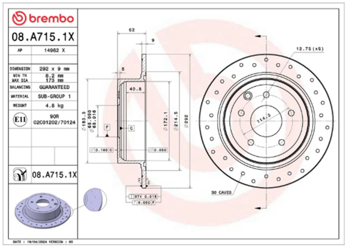 Brembo 08.A715.1X: XTRA Drilled Rear Disc Brake Rotor (FITS: 2003 Nissan Maxima)