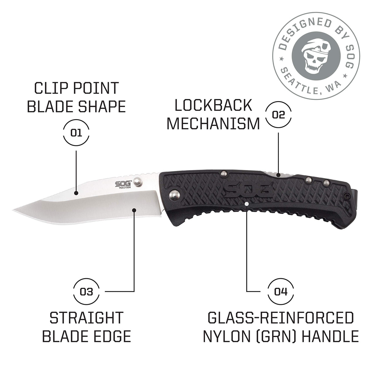 SOG SOG-TD1011-CP Traction EDC Knife, Work Knife & Folding Pocket Knife w/3.5" Satin Blade, GRN Handle & Clip -Black