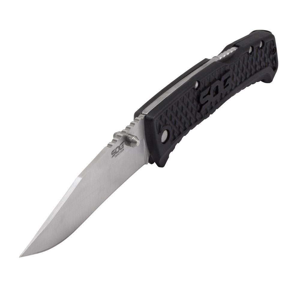SOG SOG-TD1011-CP Traction EDC Knife, Work Knife & Folding Pocket Knife w/3.5" Satin Blade, GRN Handle & Clip -Black