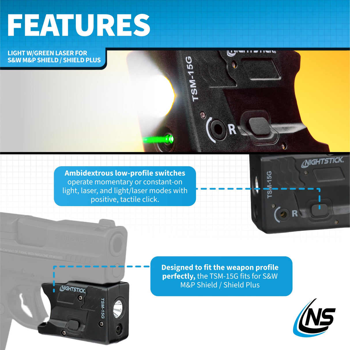 Bayco TSM-15G Rechargeable Sub-Compact Weapon-Mounted Light w/ Green Laser - Fits Smith & Wesson M&P Shield