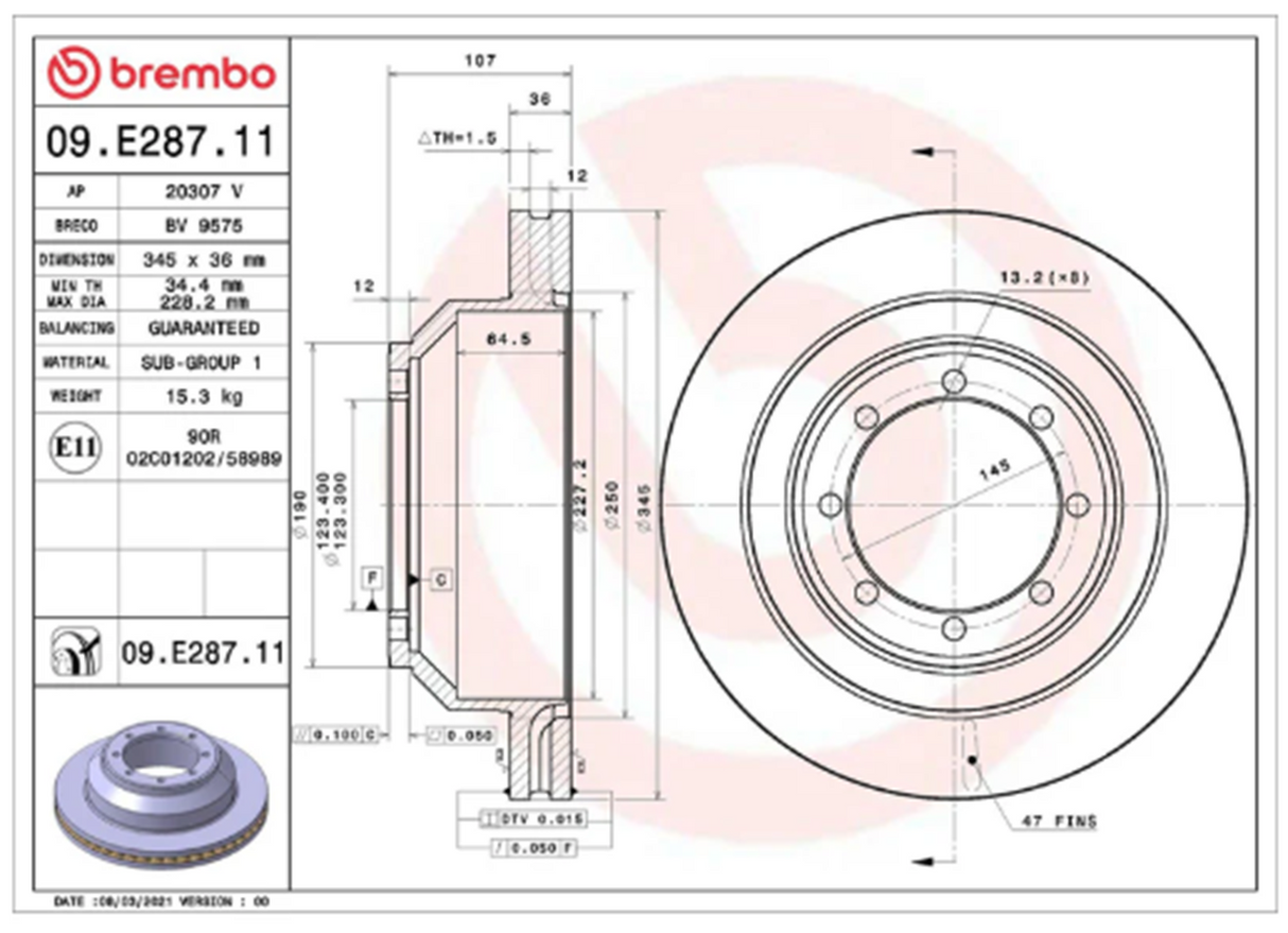 Brembo 09.E287.11: PRIME UV Coated Rear Disc Brake Rotor (FITS: 2009 & 2014 Ford E-350 Super Duty Trucks)