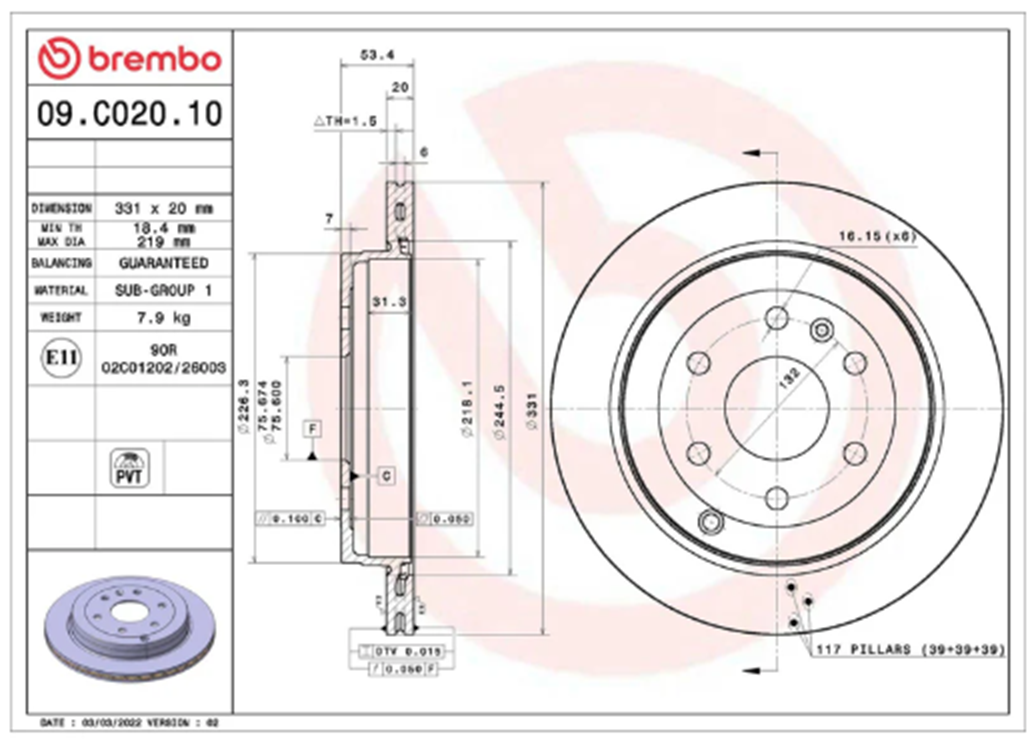 Brembo 09.C020.10: PRIME Rear Disc Brake Rotor (FITS: 07 Saturn Outlook/10 Buick Enclave/14 Chevrolet Traverse/16 GMC Acadia)