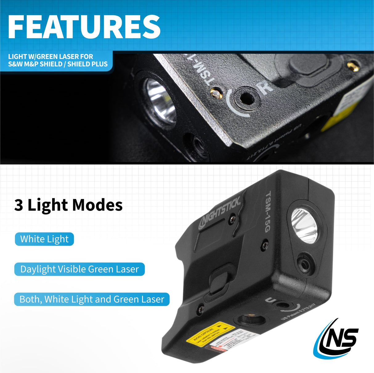 Bayco TSM-15G Rechargeable Sub-Compact Weapon-Mounted Light w/ Green Laser - Fits Smith & Wesson M&P Shield