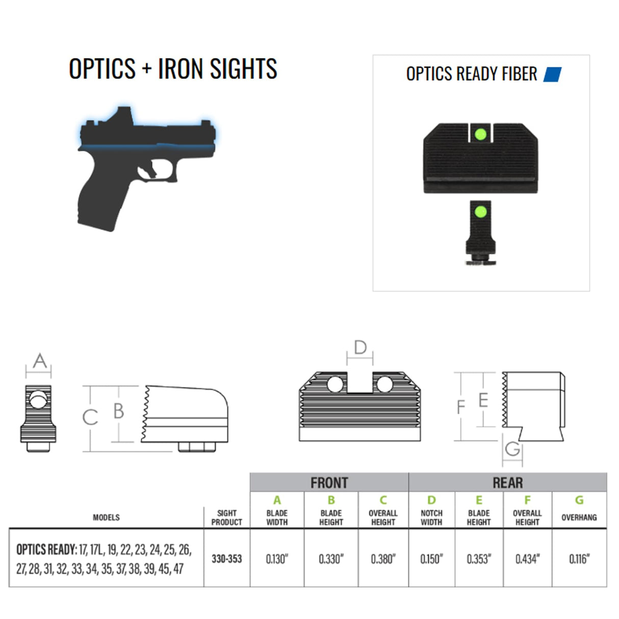 Night Fision GLK-001-330-353-RFZX Optic Height Fiber Optic Sight Set for Glock 17/19/45/48 w/ RMR/507c/SRO/ACRO - Red Front