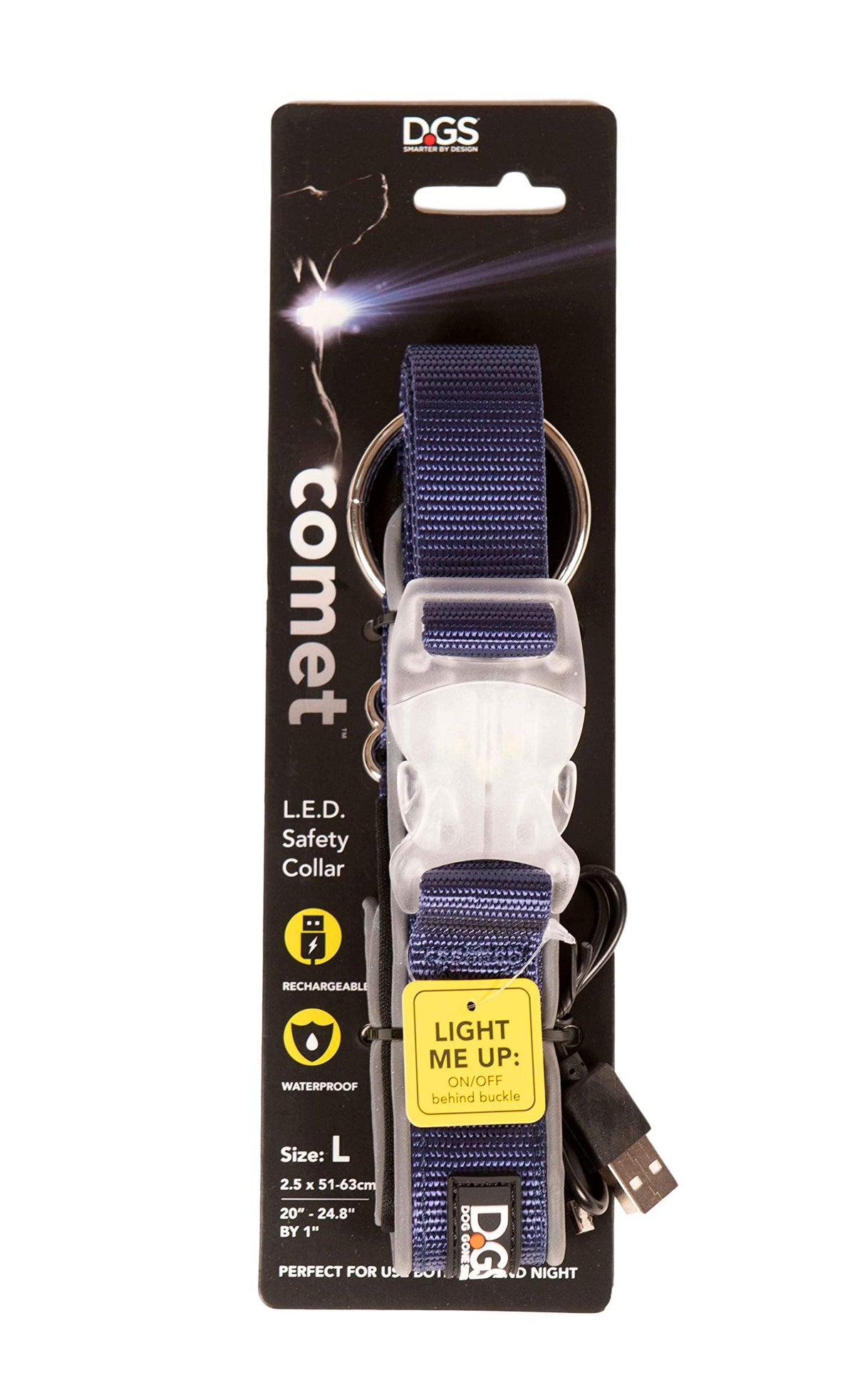Dog Gone Smart Pet Products DGSLGUC4135 Super Bright LED Dog Comet Collar -SIZE: Medium, Navy Blue