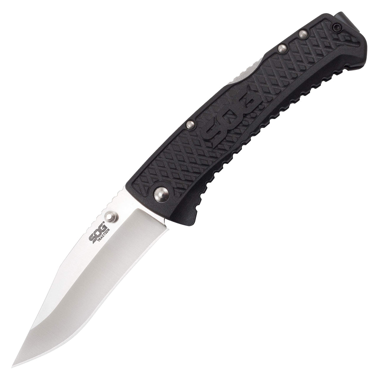SOG SOG-TD1011-CP Traction EDC Knife, Work Knife & Folding Pocket Knife w/3.5" Satin Blade, GRN Handle & Clip -Black