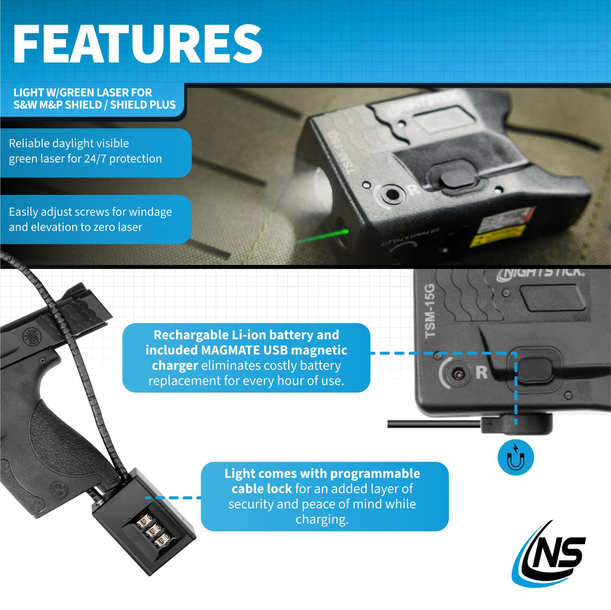 Bayco TSM-15G Rechargeable Sub-Compact Weapon-Mounted Light w/ Green Laser - Fits Smith & Wesson M&P Shield