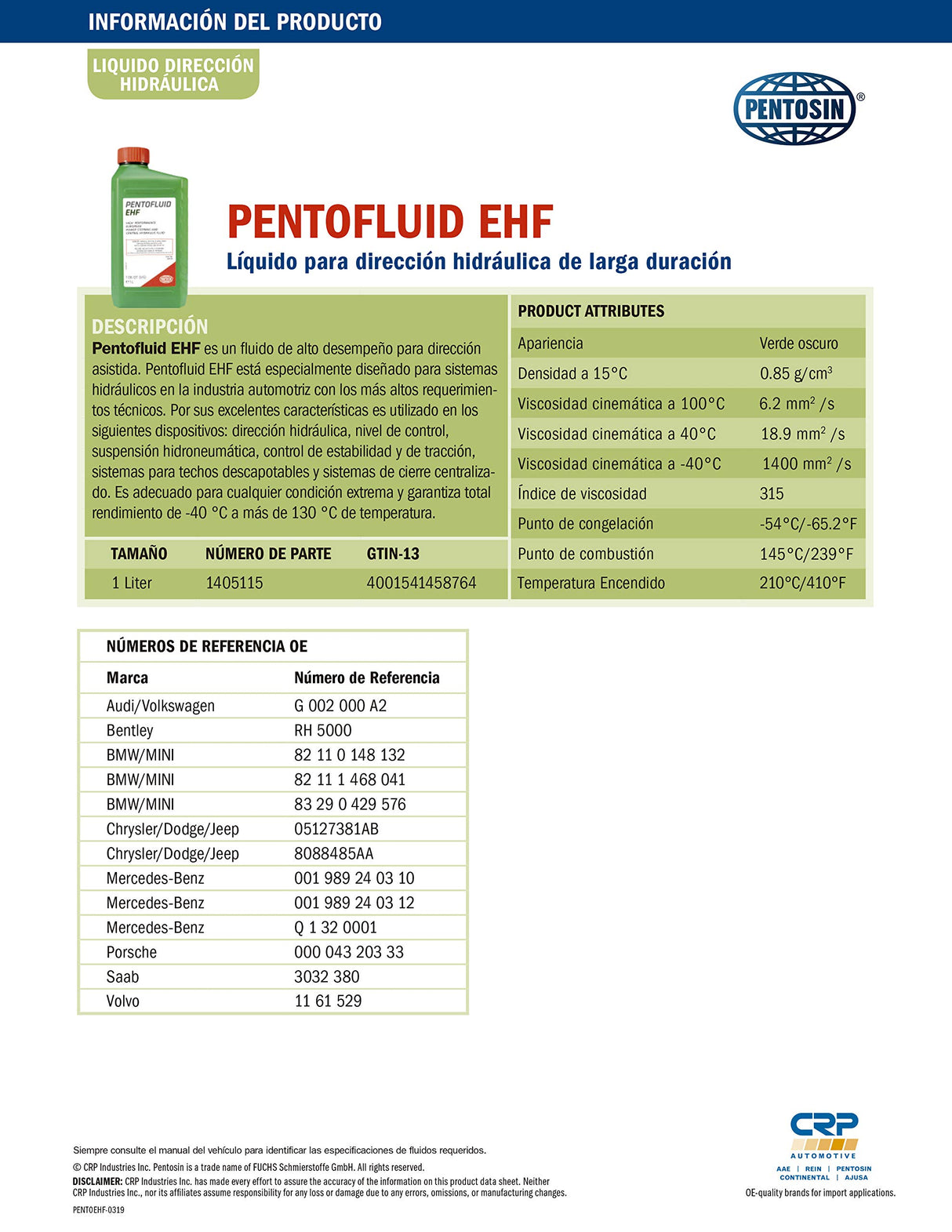 Pentosin 1405115 Hydraulic Fluid Ehf 1L