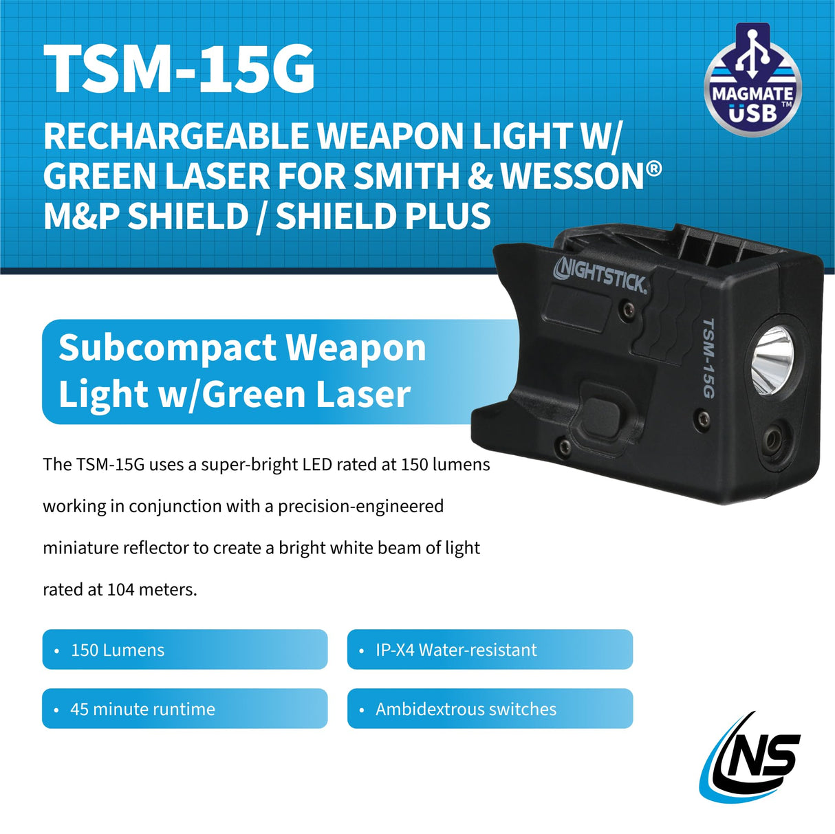 Bayco TSM-15G Rechargeable Sub-Compact Weapon-Mounted Light w/ Green Laser - Fits Smith & Wesson M&P Shield
