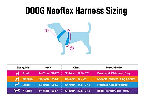 DOOG - All Weather 'Neoflex" Dog Harness, Flexible Neoprene Breathable Mesh Padding Light Wetsuit Material Water Friendly Draws Moisture Away Fir Skin Easy Fit Small, Medium, Large, XL Soft Comfortable 2 Point Adjustable Leash Training Run Walk Swim