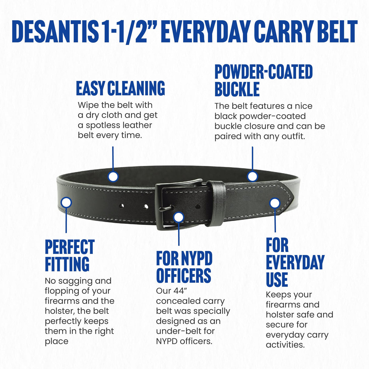 DeSantis E25BJ44Z3 1 1/2” Everyday Carry Belt (EDC), Powder Coated Buckle Closure -Black, 44”