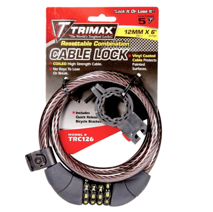 Trimax TRC126  72″ x 12mm TRIMAFLEX Coiled Resettable Combination Cable Lock w/Bracket