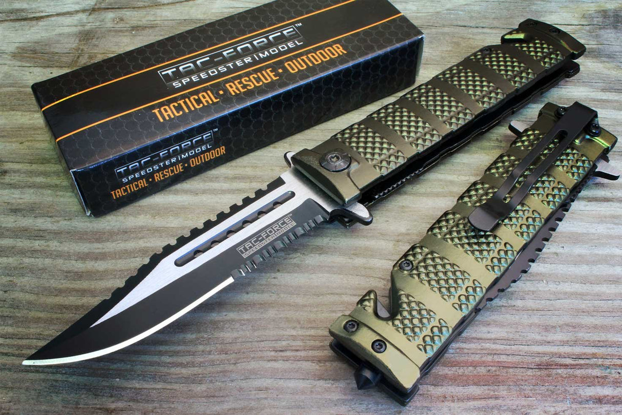 TAC Force TF-710GN Liner Lock Assisted Opening Folding Knife, Two-Tone Half-Serrated Blade, Green Handle, 5-Inch Closed