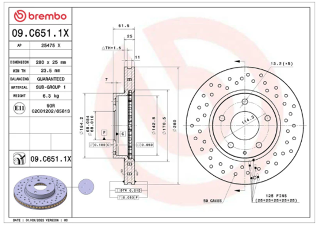 Brembo 09.C651.1X: XTRA Drilled Front Disc Brake Rotor  (FITS: 2020 Mazda CX-3)