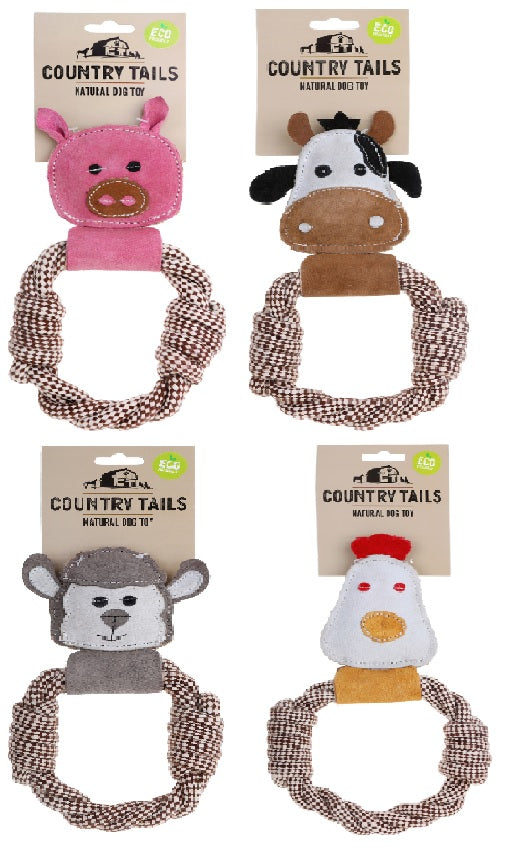 Country Tails - Rope Ring with Animal Suede Head -A Premium Dog Toy