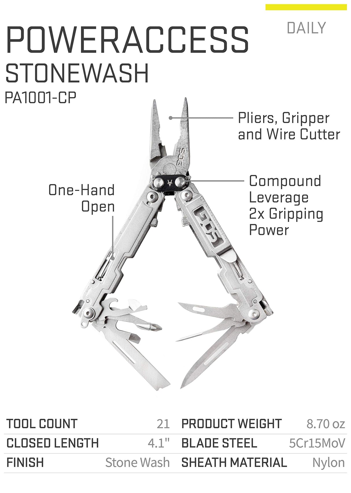 SOG SOG-PA1001-CP PowerAccess Lightweight EDC Multi-Utility Tool Pliers with 18 Tools & 2.4" Folding Knife -One-Handed Open
