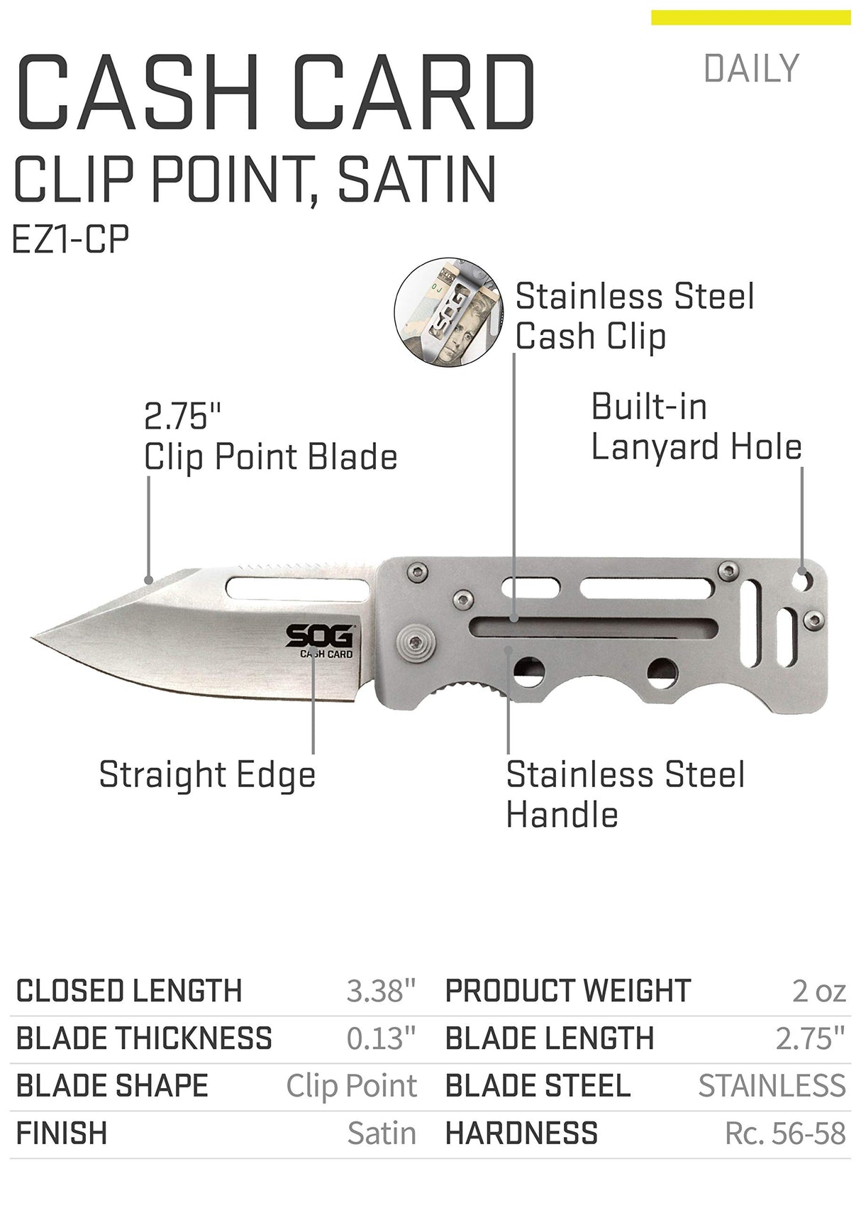 SOG EZ1-CP  2.75" Cash Card Money Clip Pocket Knife w/Clip for Pocket, Money or Card Holder