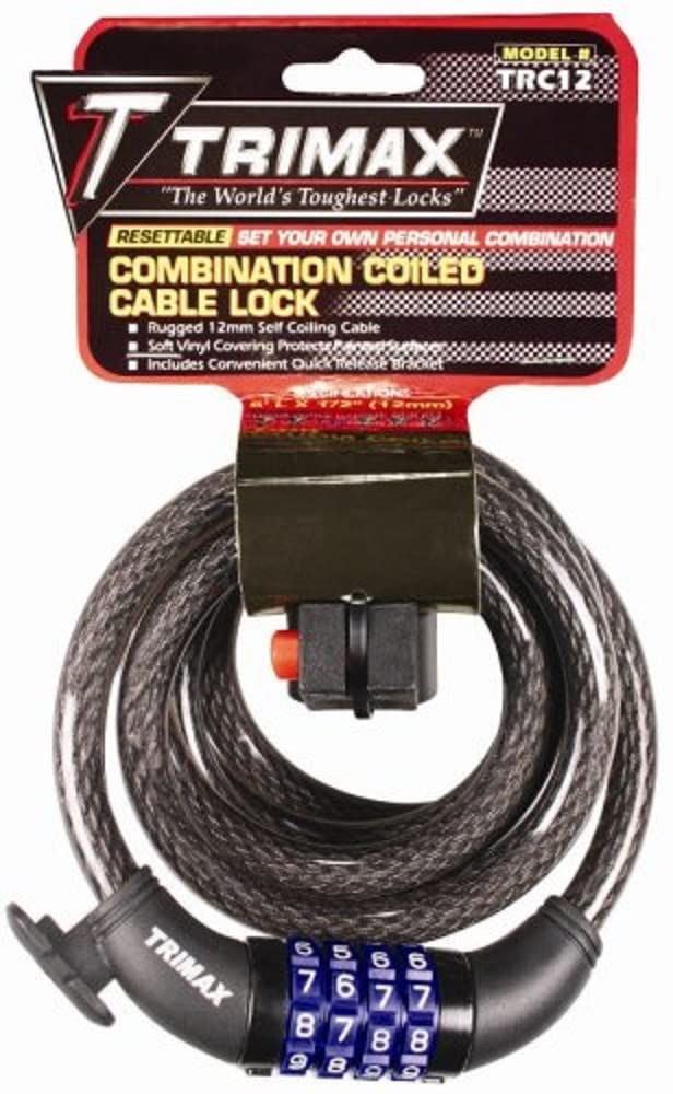 Trimax TRC126  72″ x 12mm TRIMAFLEX Coiled Resettable Combination Cable Lock w/Bracket