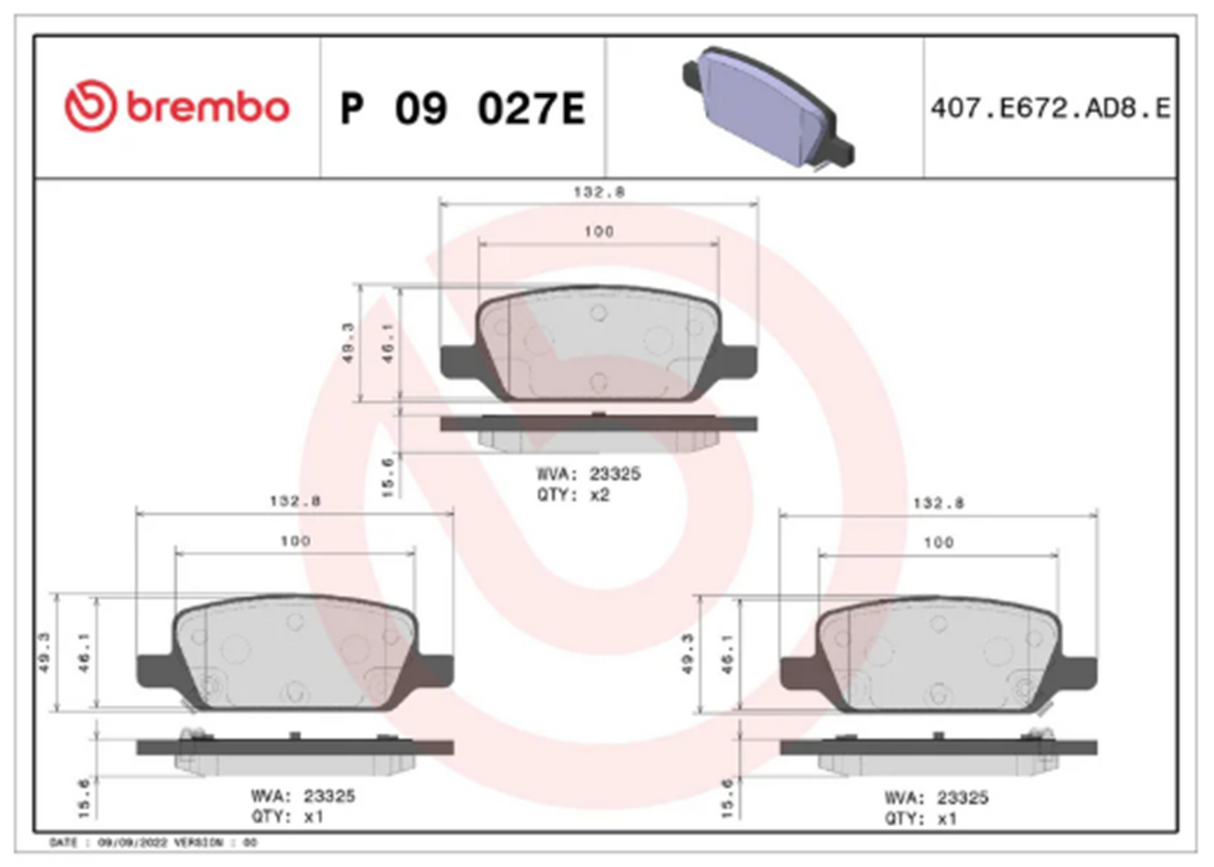 Brembo P09027E: BEYOND EV Rear Disc Brake Pad Set  (FITS: 2022 Tesla 3 Vehicles)