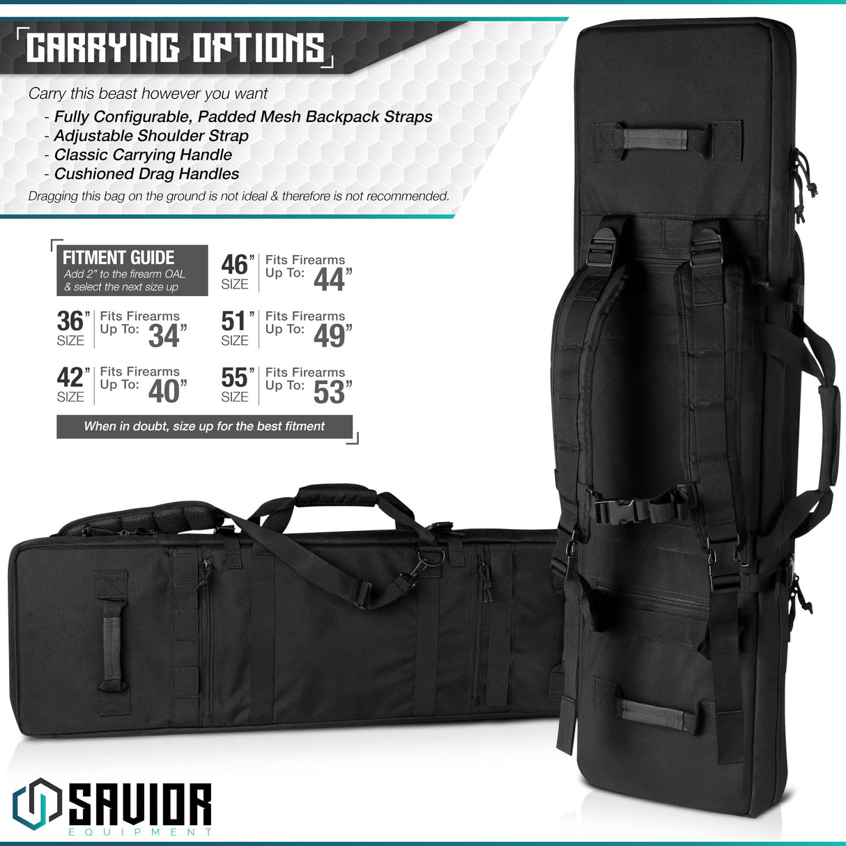 Savior Equipment RB-5512DG-VER2-BK Urban Warfare Double Rifle Bag Gun - Suitable for Rifle Shotgun, w/ Backpack Strap,Black,55" Long