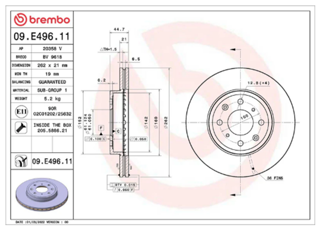 Brembo 09.E496.11: PRIME UV Coated Front Disc Brake Rotor  (FITS: 2016 Honda Fit)