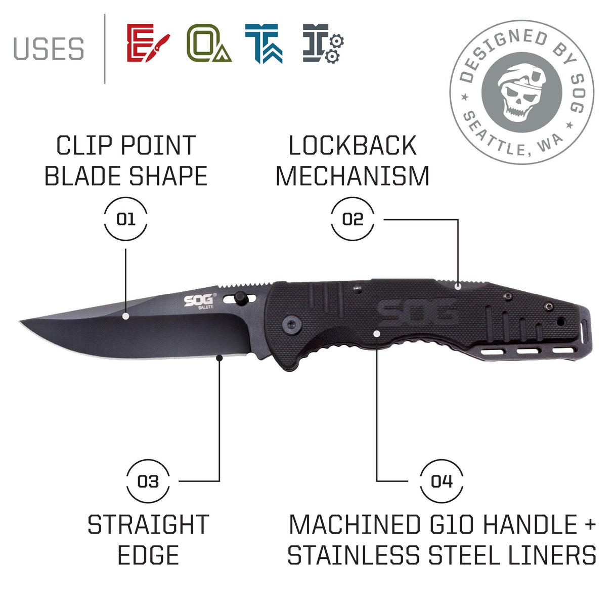 SOG FF11-CP 3.63" EDC Salute Folding Tactical Work Pocket Knife w/Thumbstud -Black