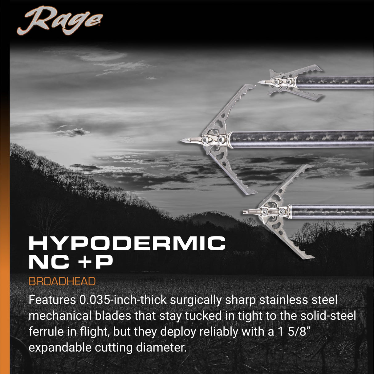 Rage R38700  Hypodermic NC+P 125gr Expandable Broadhead (3 pack)