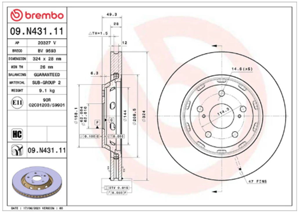 Brembo 09.N431.11: PRIME UV Coated Front Disc Brake Rotor  (FITS: 2014 Toyota Venza)