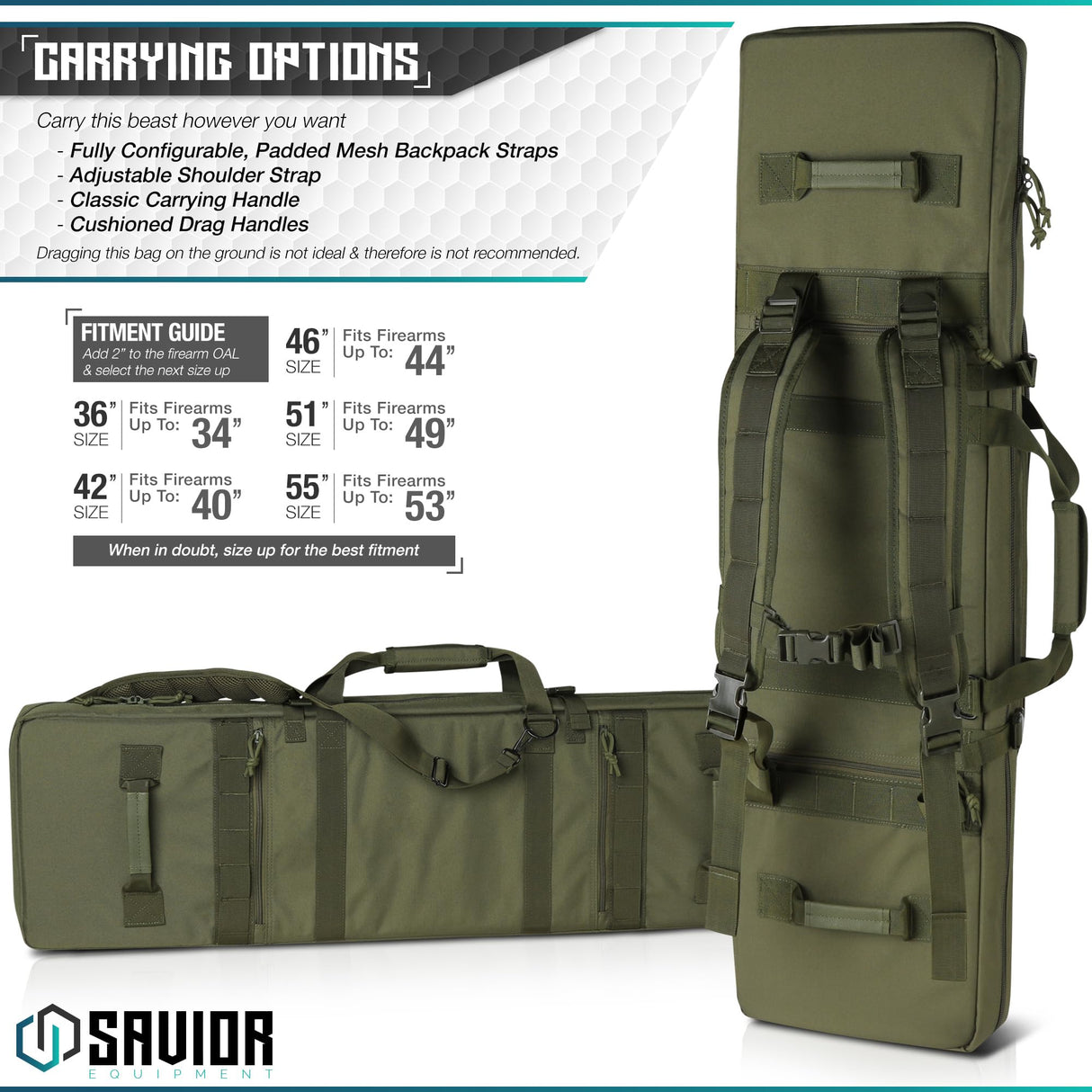 Savior Equipment RB-4212DG-VER2-OG Urban Warfare Double Rifle Bag Gun - Suitable for Rifle Shotgun, w/ Backpack Strap,OD Green,42" Long