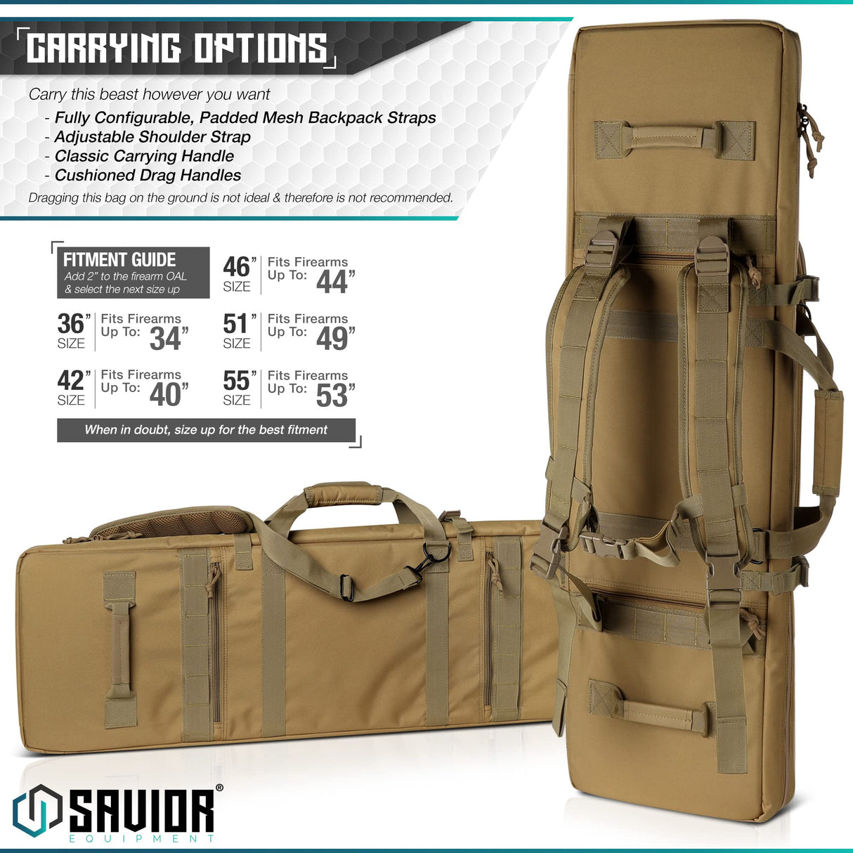 Savior Equipment RB-4212DG-VER2-TN Urban Warfare Double Rifle Bag Gun - Suitable for Rifle Shotgun, w/ Backpack Strap,Tan,42" Long