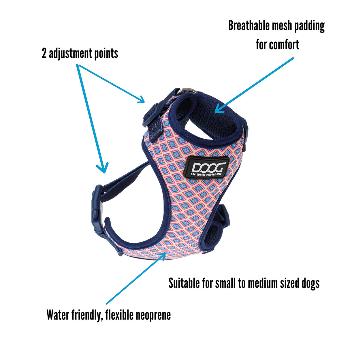 DOOG - All Weather 'Neoflex" Dog Harness, Flexible Neoprene Breathable Mesh Padding Light Wetsuit Material Water Friendly Draws Moisture Away Fir Skin Easy Fit Small, Medium, Large, XL Soft Comfortable 2 Point Adjustable Leash Training Run Walk Swim